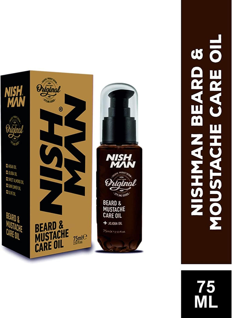 NISHMAN Beard & Moustache Care Oil 75ml -Nish Man- Natural Oil for Hydration, Care, and Style of Beard and Moustache - For a Soft, Healthy, and Shiny Beard