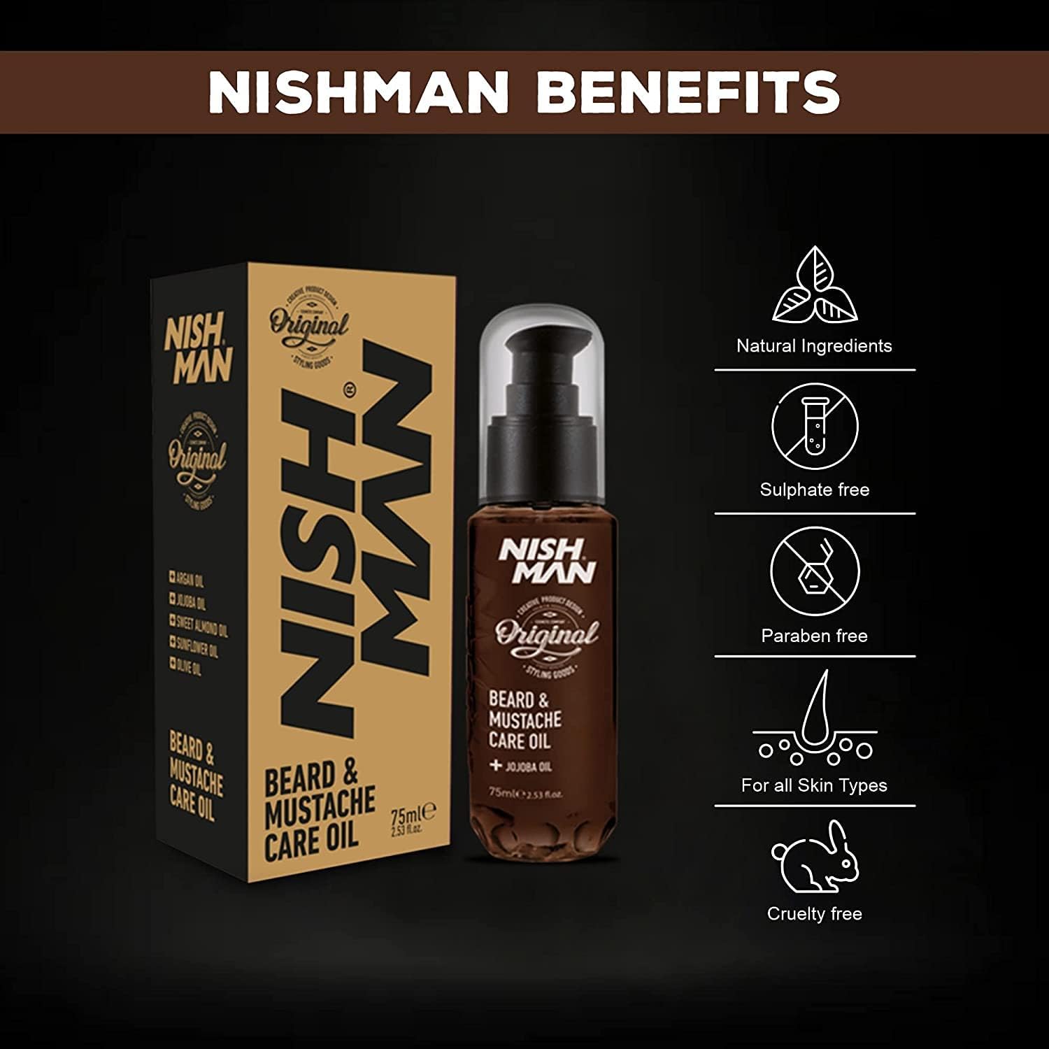 NISHMAN Beard & Moustache Care Oil 75ml -Nish Man- Natural Oil for Hydration, Care, and Style of Beard and Moustache - For a Soft, Healthy, and Shiny Beard
