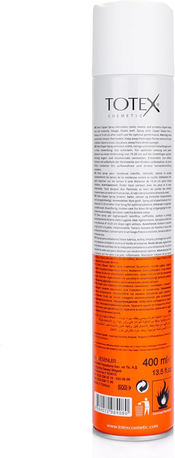 Totex Clipper Spray 400ml – 5-in-1 Lubricates, Cleans, Disinfects, Cools & Anti-Rust | Disinfectant Spray for Hair Clippers, Trimmers, Electric Shavers, Barber Use