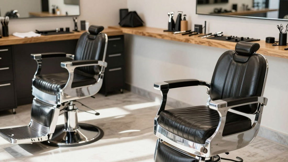 Modern barbershop interior with chairs and grooming tools.