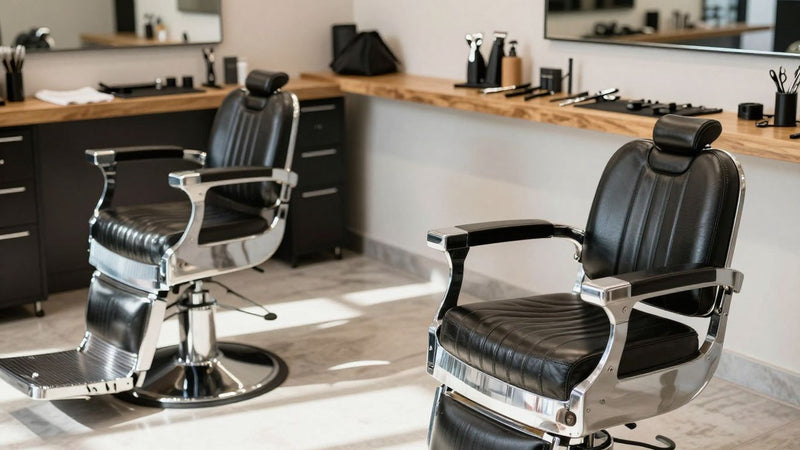 Modern barbershop interior with chairs and grooming tools.