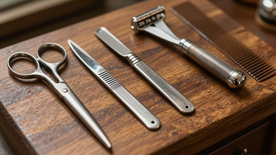 Turkish barber tools: razors, scissors, combs on wood.