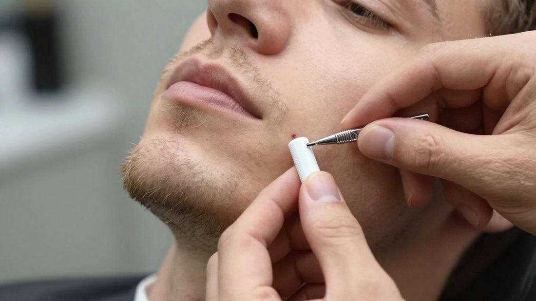 Barber stops shave cut bleeding with styptic pencil.