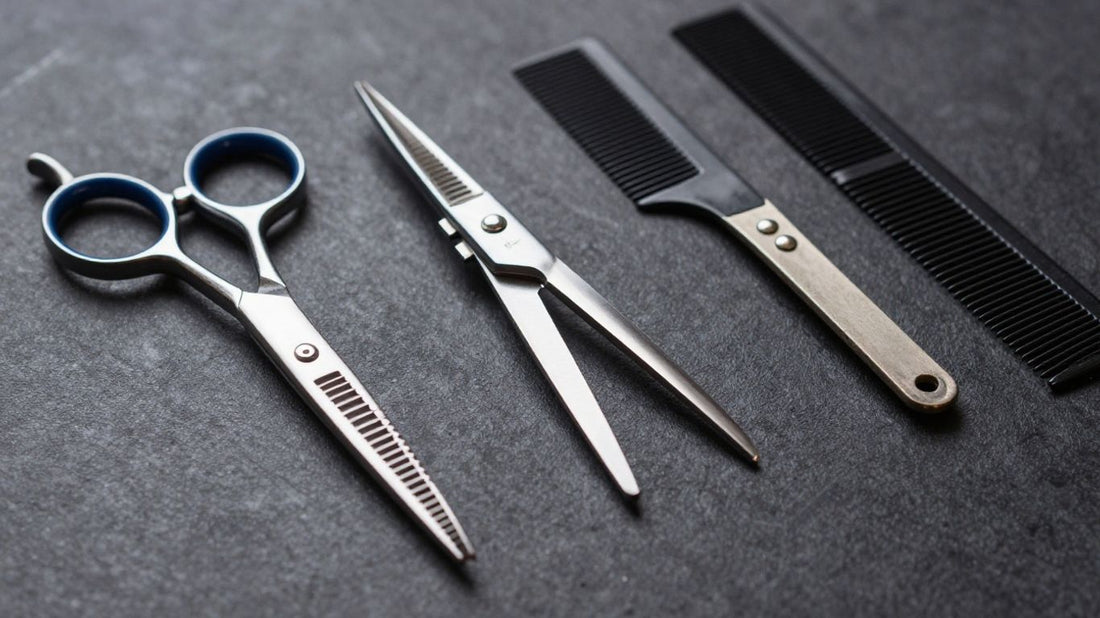 Professional barber tools including scissors, clippers, and combs.