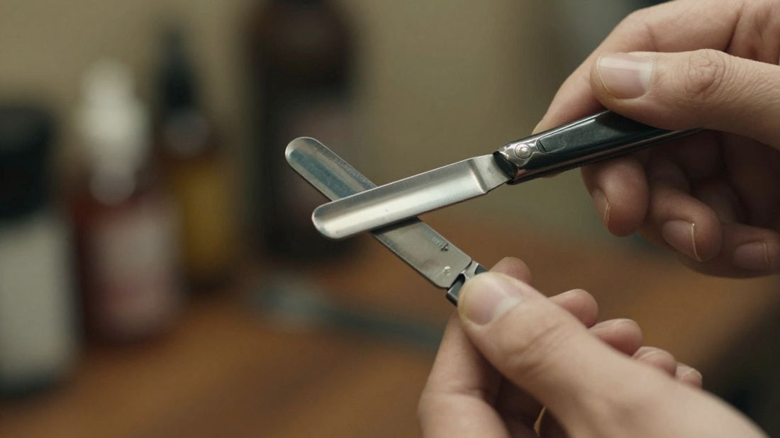 Barber holding a sharp razor blade