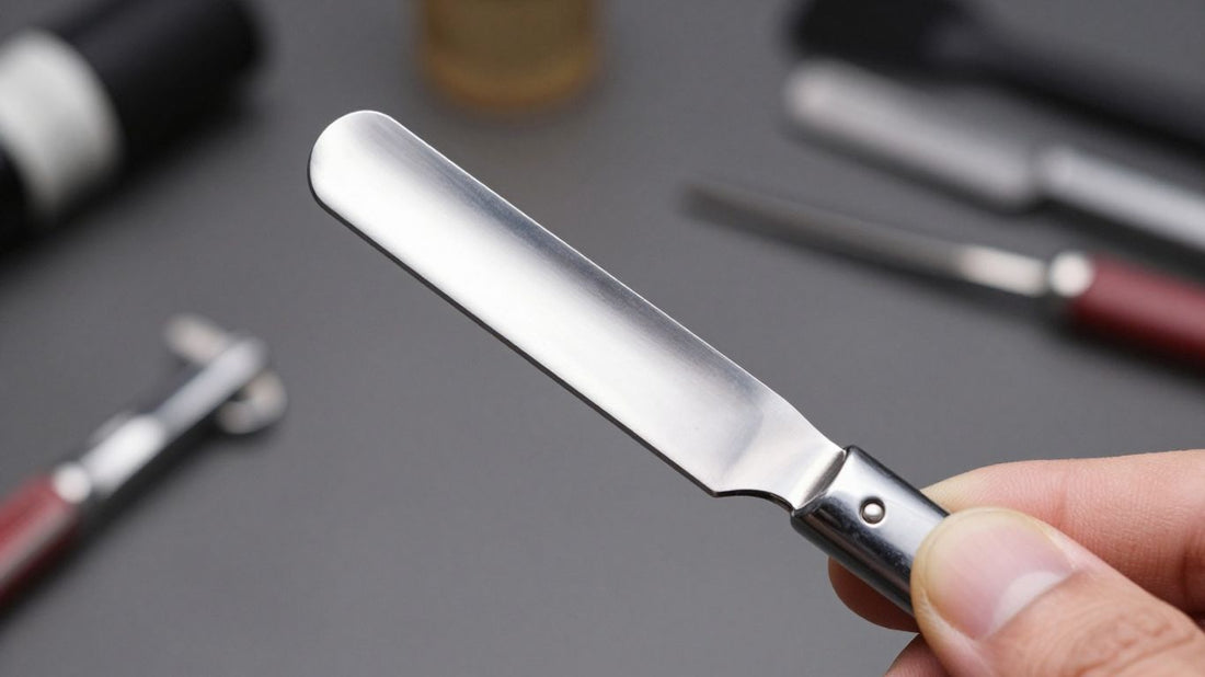 Close-up of a barber holding a Derby razor blade.
