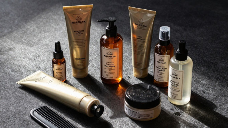 Marmara Barber grooming products arranged on a dark surface.