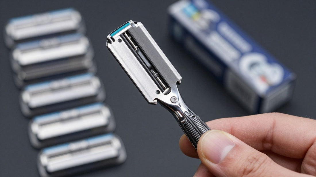 Barber holding razor blade with bulk packs in background.