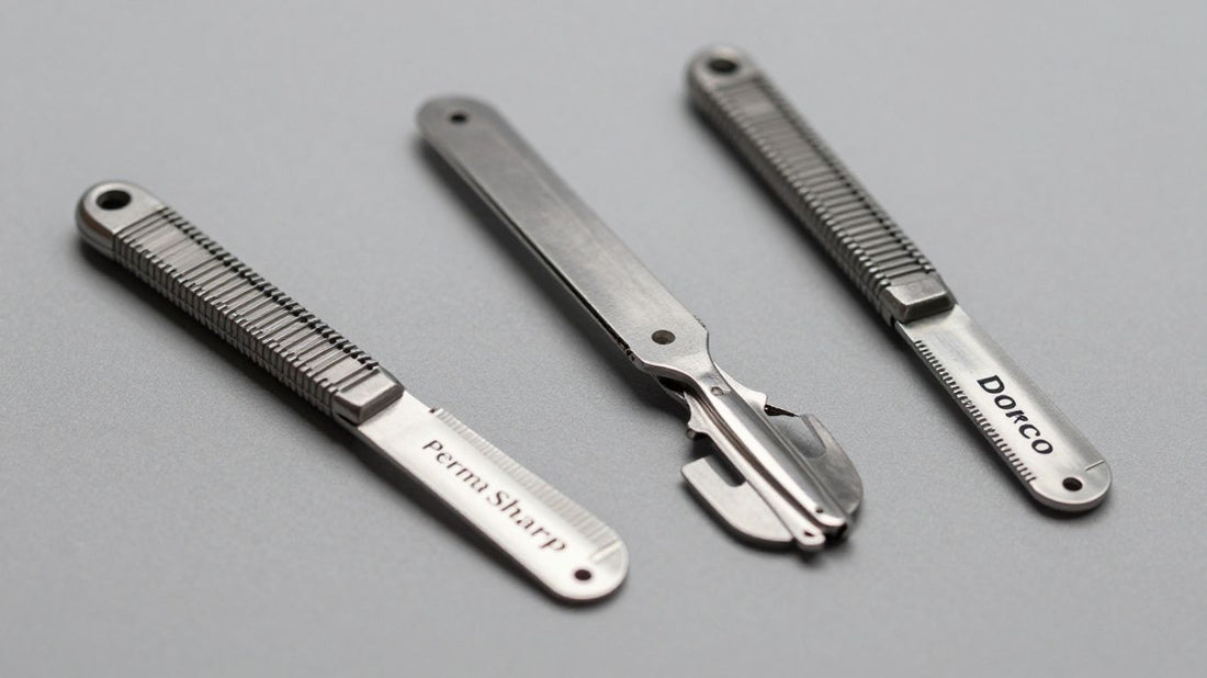 Three single edge razor blades: Perma Sharp, Derby, Dorco.