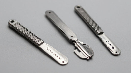 Three single edge razor blades: Perma Sharp, Derby, Dorco.