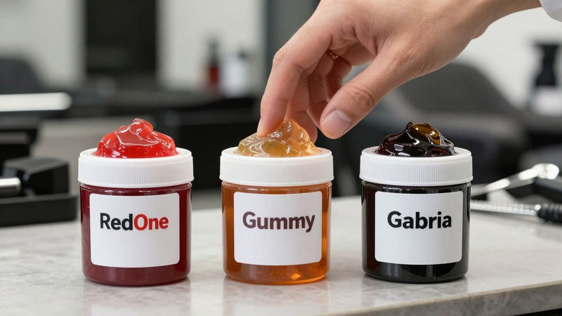 Barber choosing between RedOne, Gummy, and Gabri hair gels.