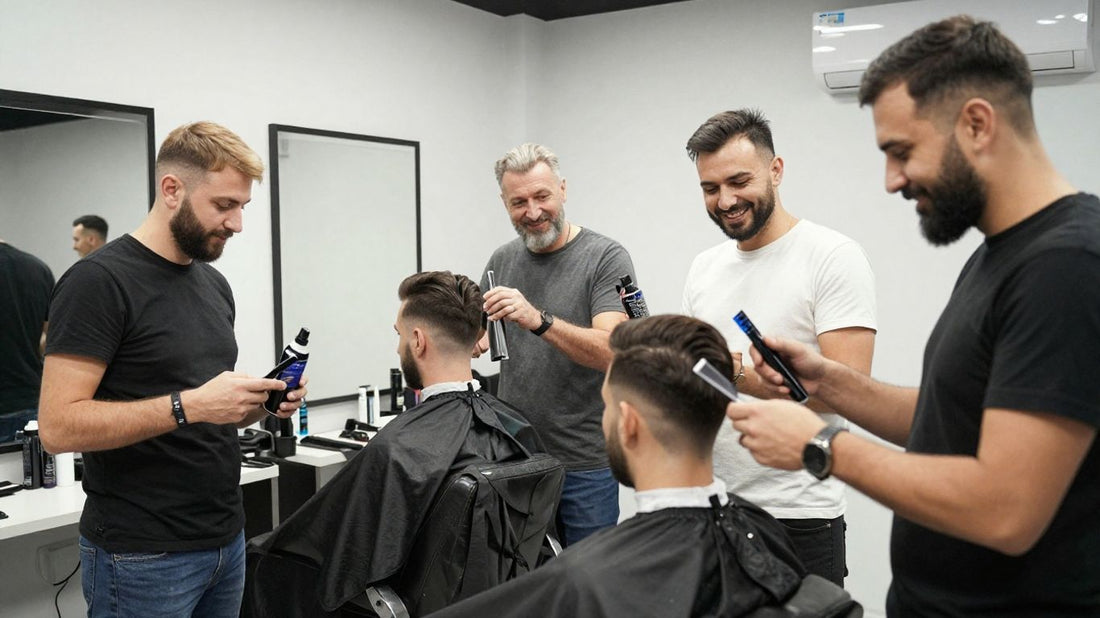Kurdish barbers in a UK barbershop with grooming supplies.