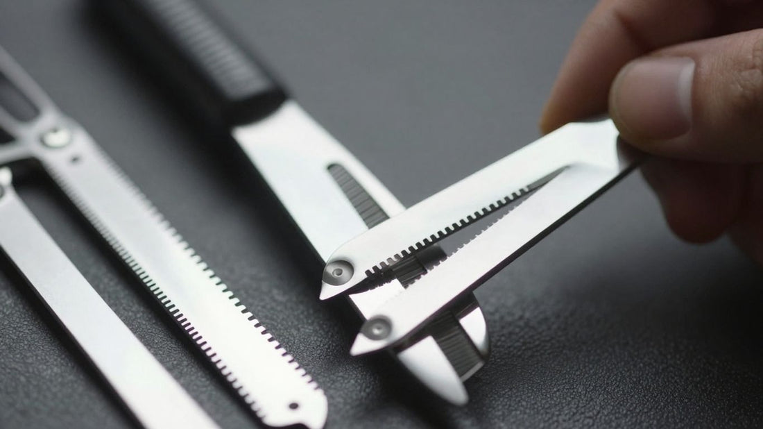 Close-up of sharp razor blades used by barbers.
