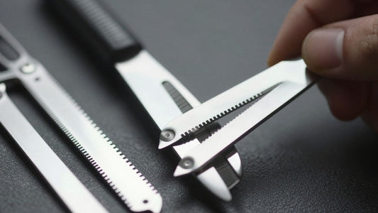 Close-up of sharp razor blades used by barbers.