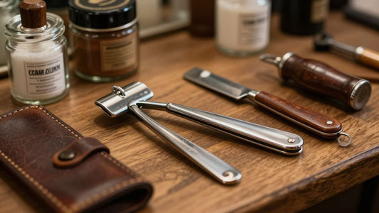 Traditional barber tools and products on a wooden counter.