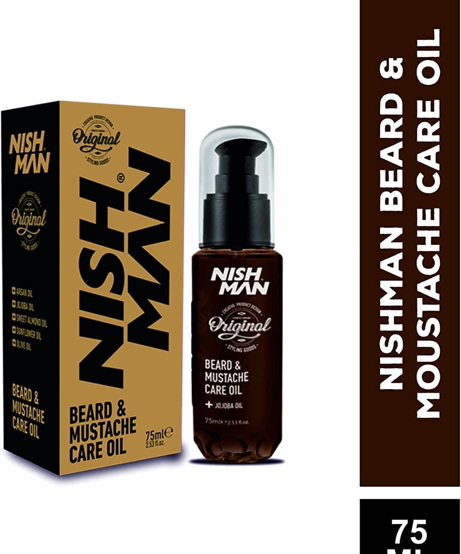 NISHMAN Beard & Moustache Care Oil 75ml -Nish Man- Natural Oil for Hydration, Care, and Style of Beard and Moustache - For a Soft, Healthy, and Shiny Beard