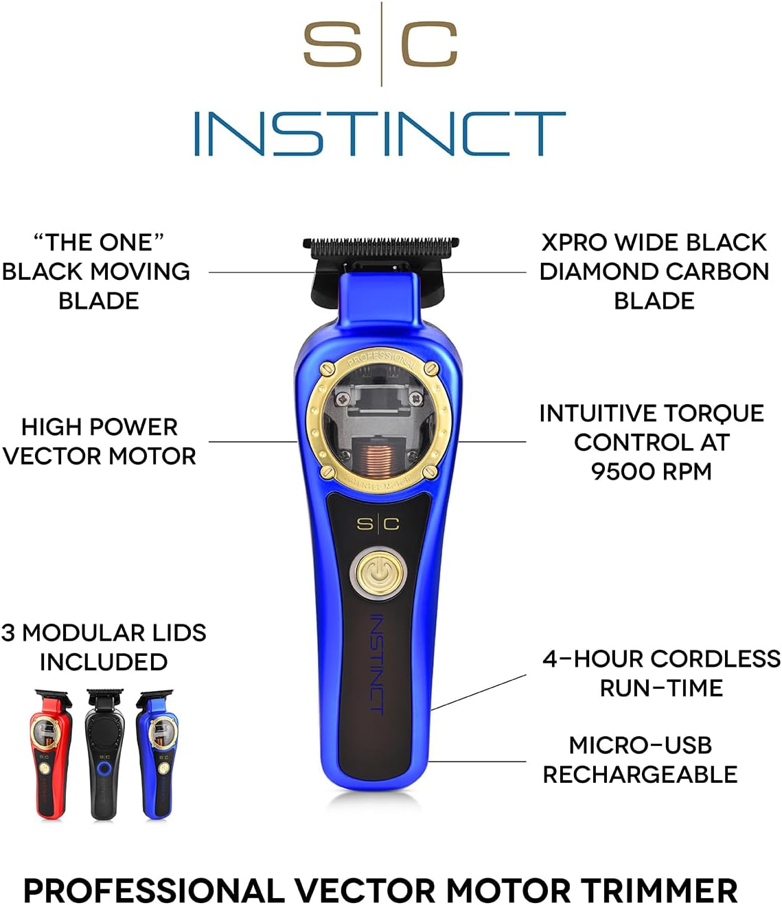 Professional Hair Trimmer for Men Stylecraft Instinct by Gamma più, Vector Motor Hair Trimmer with Intuitive Torque Control, 180 Minutes Cordless Running Time, Adjustable Blade 0 Gap, 3 Covers