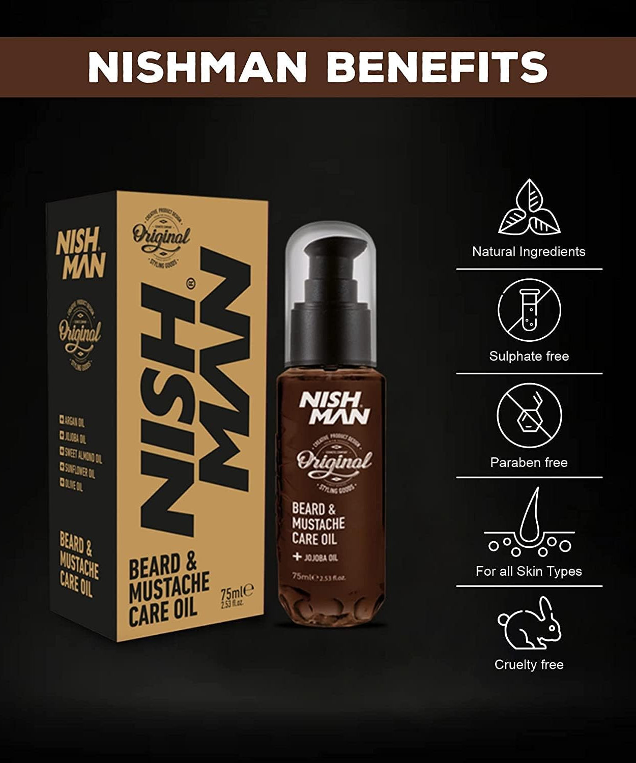 NISHMAN Beard & Moustache Care Oil 75ml -Nish Man- Natural Oil for Hydration, Care, and Style of Beard and Moustache - For a Soft, Healthy, and Shiny Beard