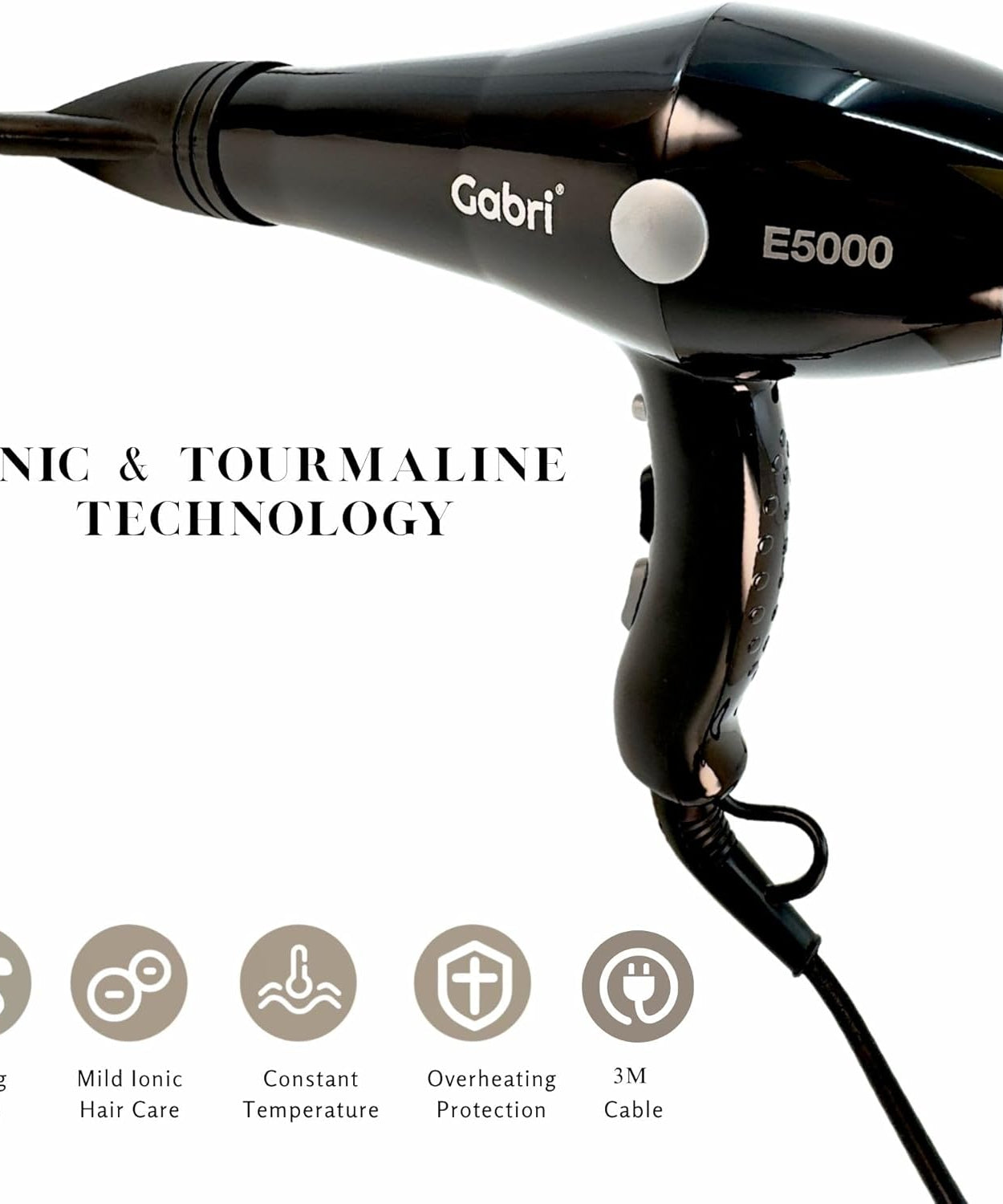 Gabri Professional Ionic Hair Dryer E5000, 2400W Power Smooth, Black, Lightweight