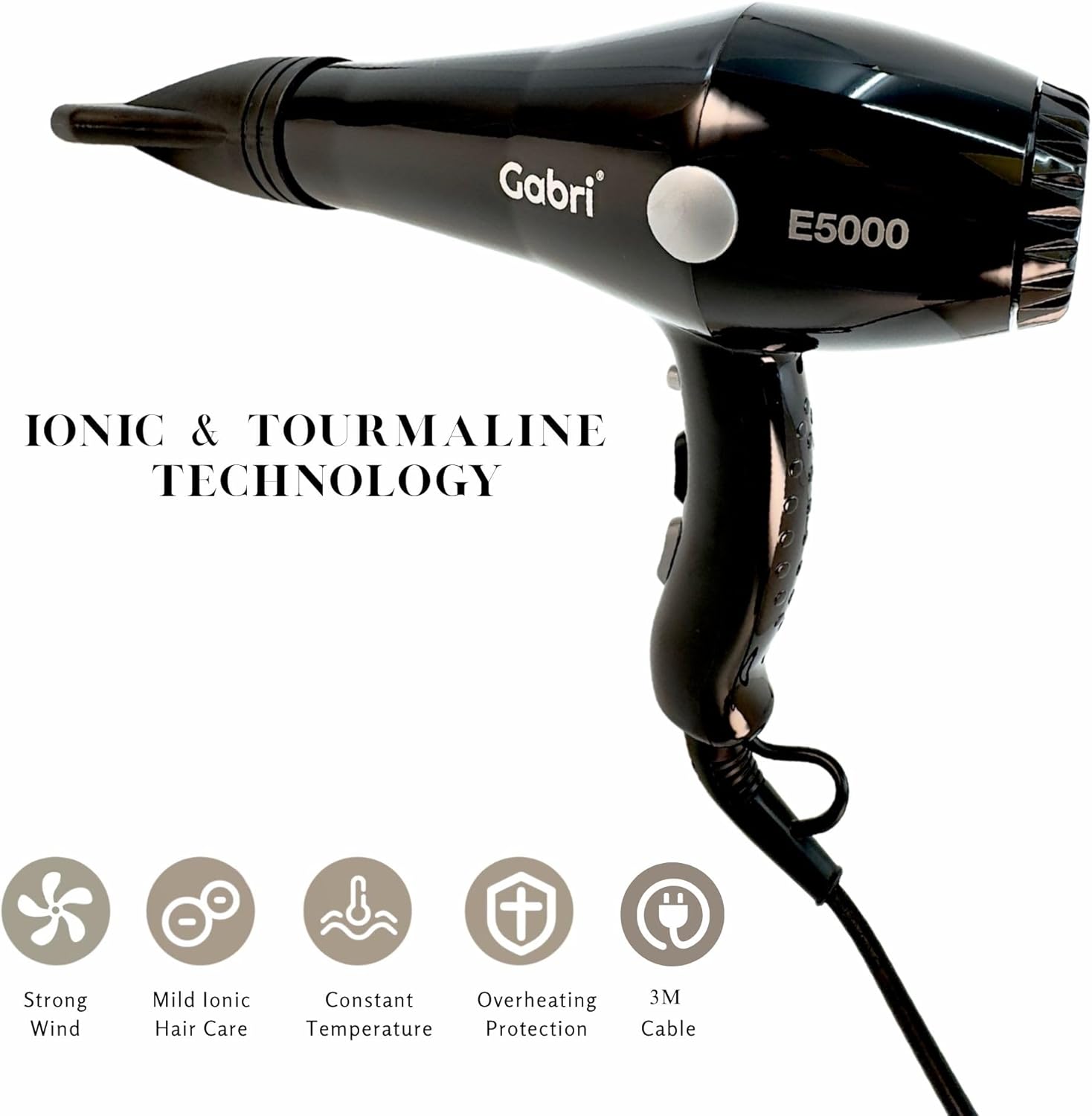 Gabri Professional Ionic Hair Dryer E5000, 2400W Power Smooth, Black, Lightweight
