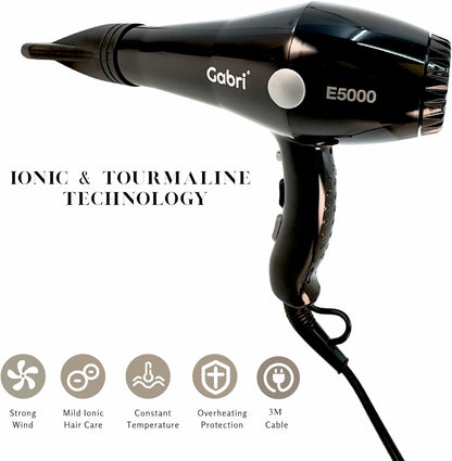 Gabri Ionic Hair Dryer E5000 2400W Lightweight Black