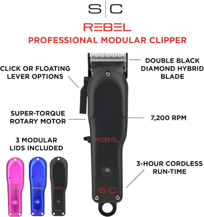 Stylecraft StyleCraft Rebel Professional Super-Torque Modular Cordless Hair Clipper (Lids: Pink, Blue, Black)