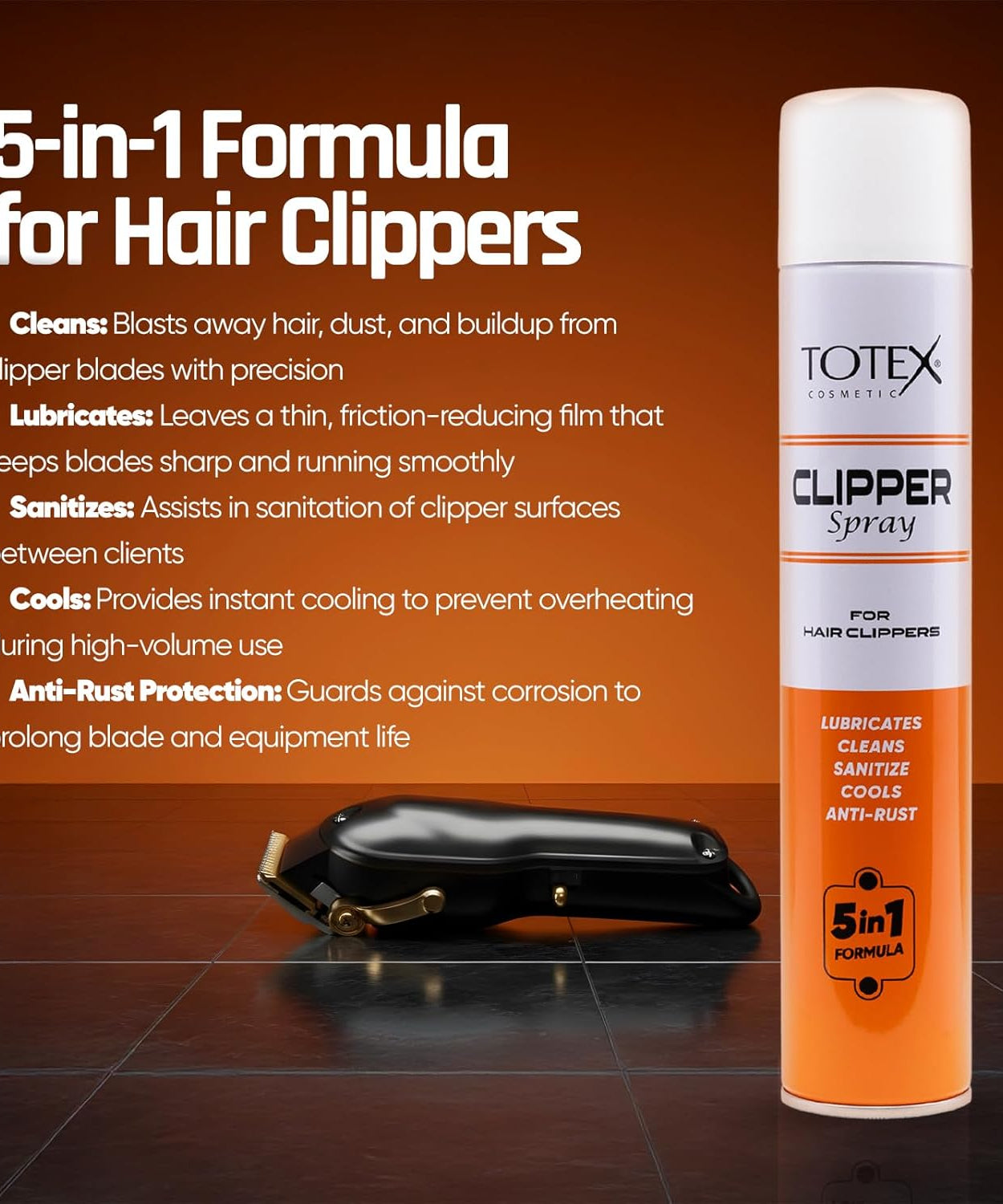 Totex Clipper Spray 400ml – 5-in-1 Lubricates, Cleans, Disinfects, Cools & Anti-Rust | Disinfectant Spray for Hair Clippers, Trimmers, Electric Shavers, Barber Use
