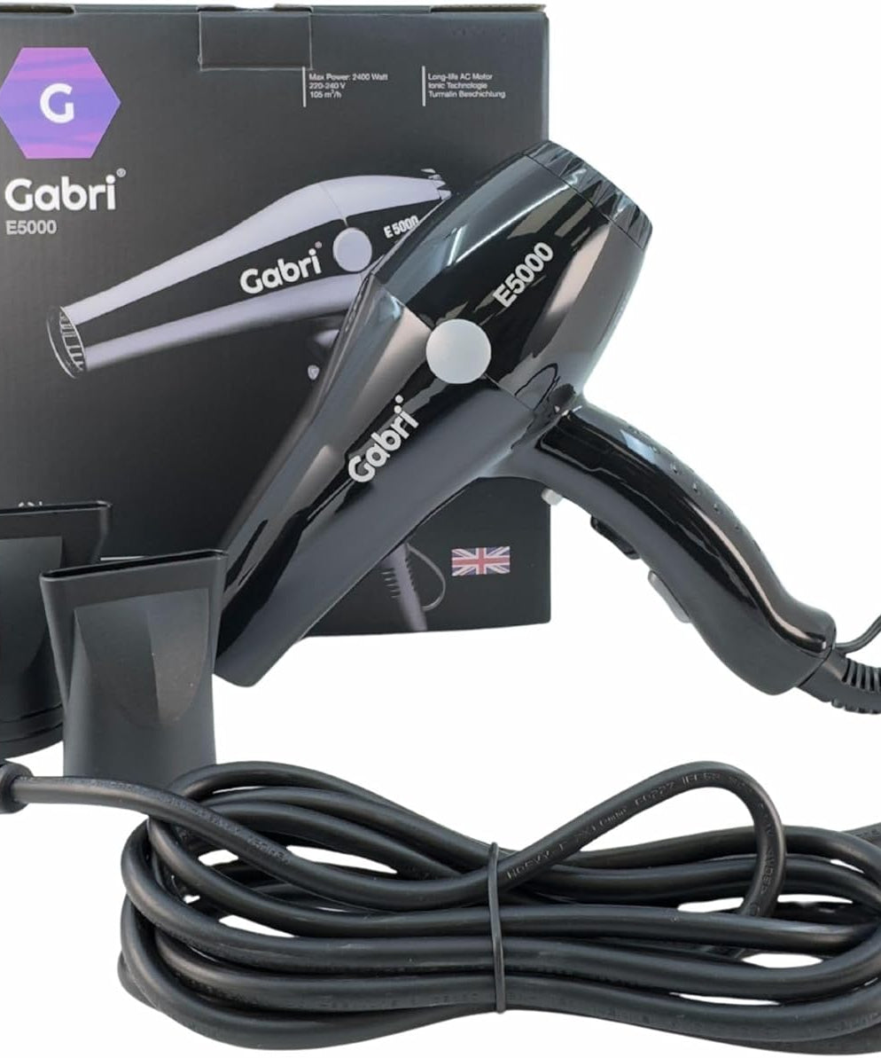 Gabri Professional Ionic Hair Dryer E5000, 2400W Power Smooth, Black, Lightweight