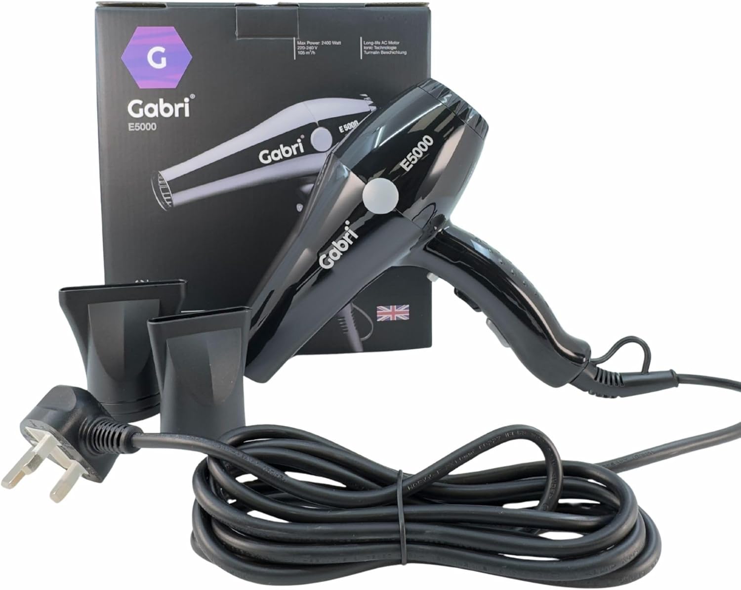Gabri Professional Ionic Hair Dryer E5000, 2400W Power Smooth, Black, Lightweight