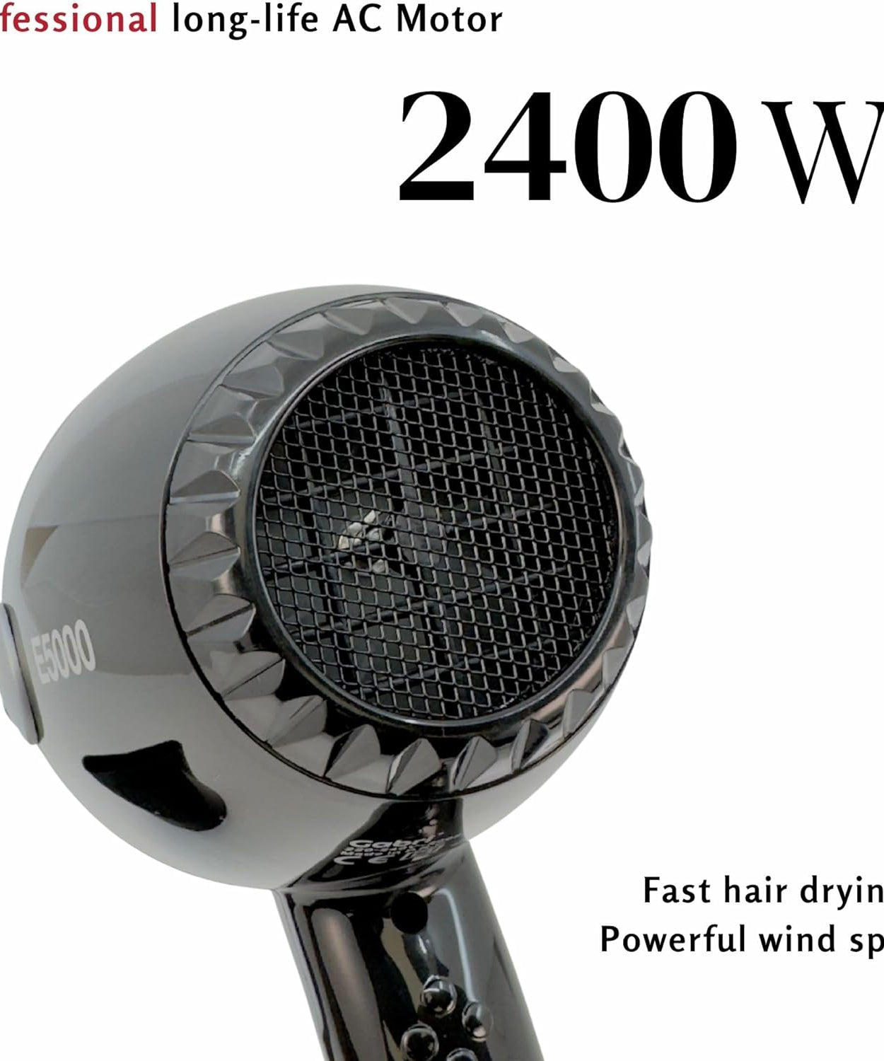 Gabri Professional Ionic Hair Dryer E5000, 2400W Power Smooth, Black, Lightweight