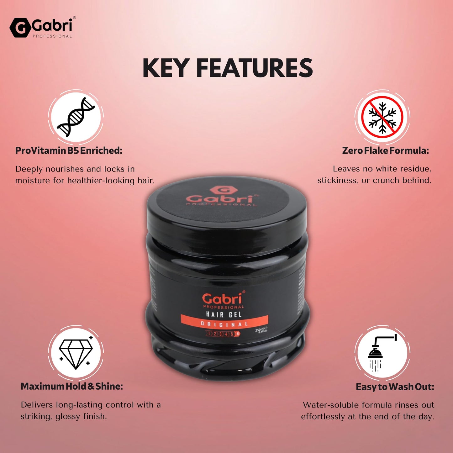 Gabri Hair Styling Gel, Firm Hold Styling Hair Gels, High Gloss, Anti-Frizz Effect, Edge Control, For All Hair Types (250 g (1 Pack), Keratin)
