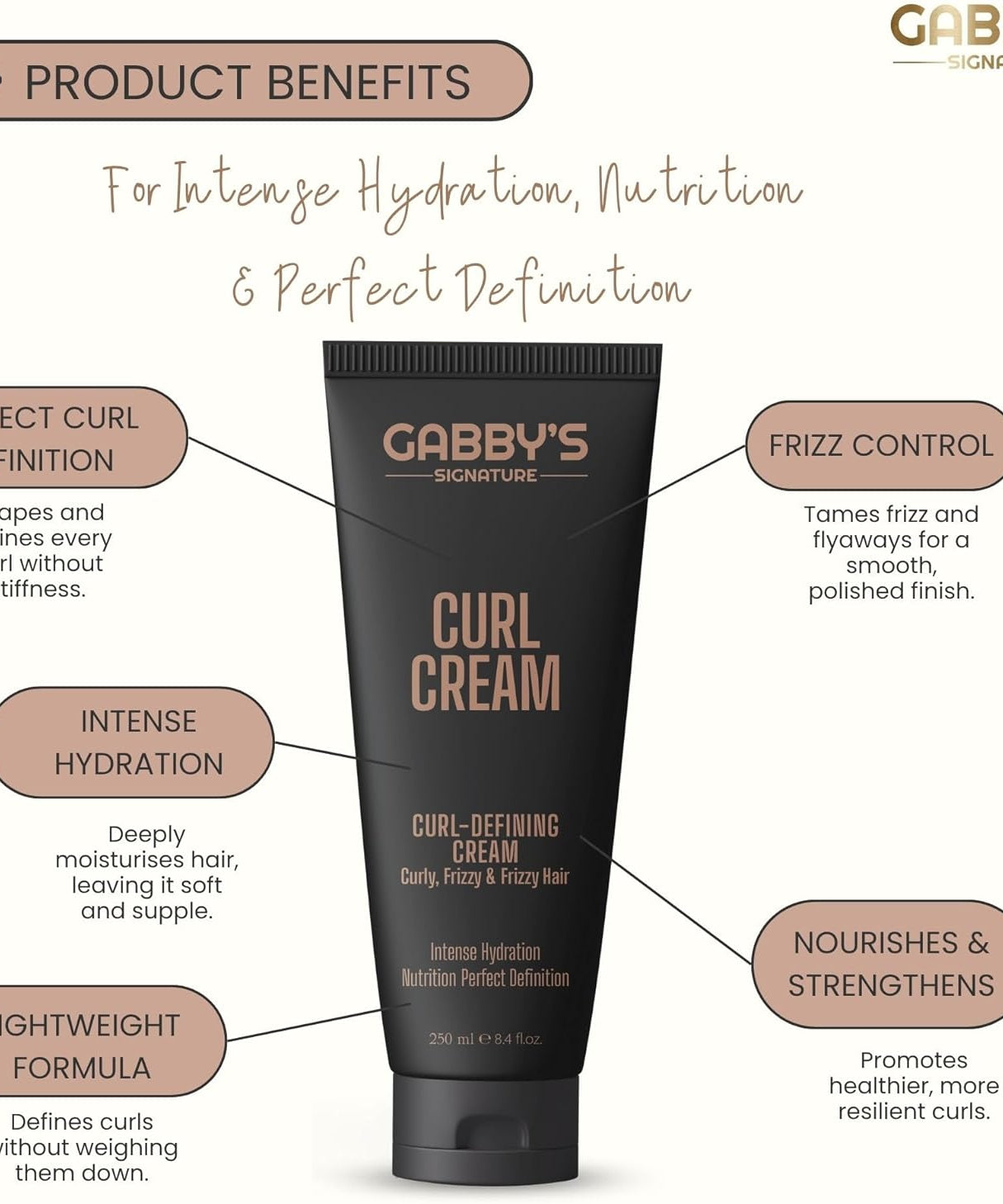 Gabby's Curl Cream 250ml, Lightweight Curl Defining Cream for Curling & Frizzy Hair, Anti-Frizz Leave-In Cream with Shea Butter & Coconut Oil, Hydrating, Nourishing Styling for Soft, Defined Curls