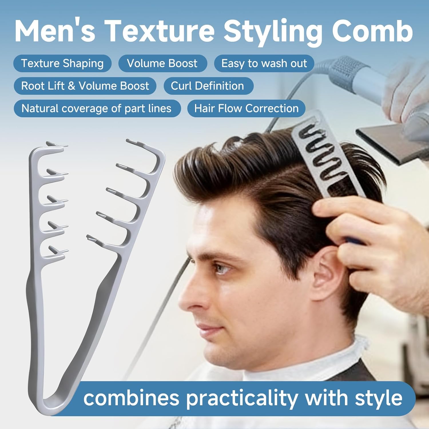 Volumizing Wide Tooth Comb for Men & Women, Root Lifting Texturizing Hair Comb for Fluffy Bangs, Flat Hair Volume Boost Styling Comb with Non-Slip ABS Handle