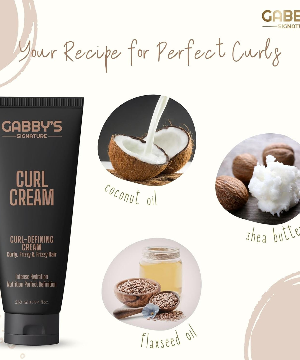 Gabby's Curl Cream 250ml, Lightweight Curl Defining Cream for Curling & Frizzy Hair, Anti-Frizz Leave-In Cream with Shea Butter & Coconut Oil, Hydrating, Nourishing Styling for Soft, Defined Curls