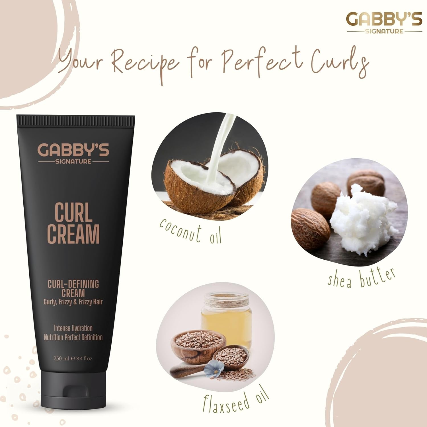 Gabby's Curl Cream 250ml, Lightweight Curl Defining Cream for Curling & Frizzy Hair, Anti-Frizz Leave-In Cream with Shea Butter & Coconut Oil, Hydrating, Nourishing Styling for Soft, Defined Curls