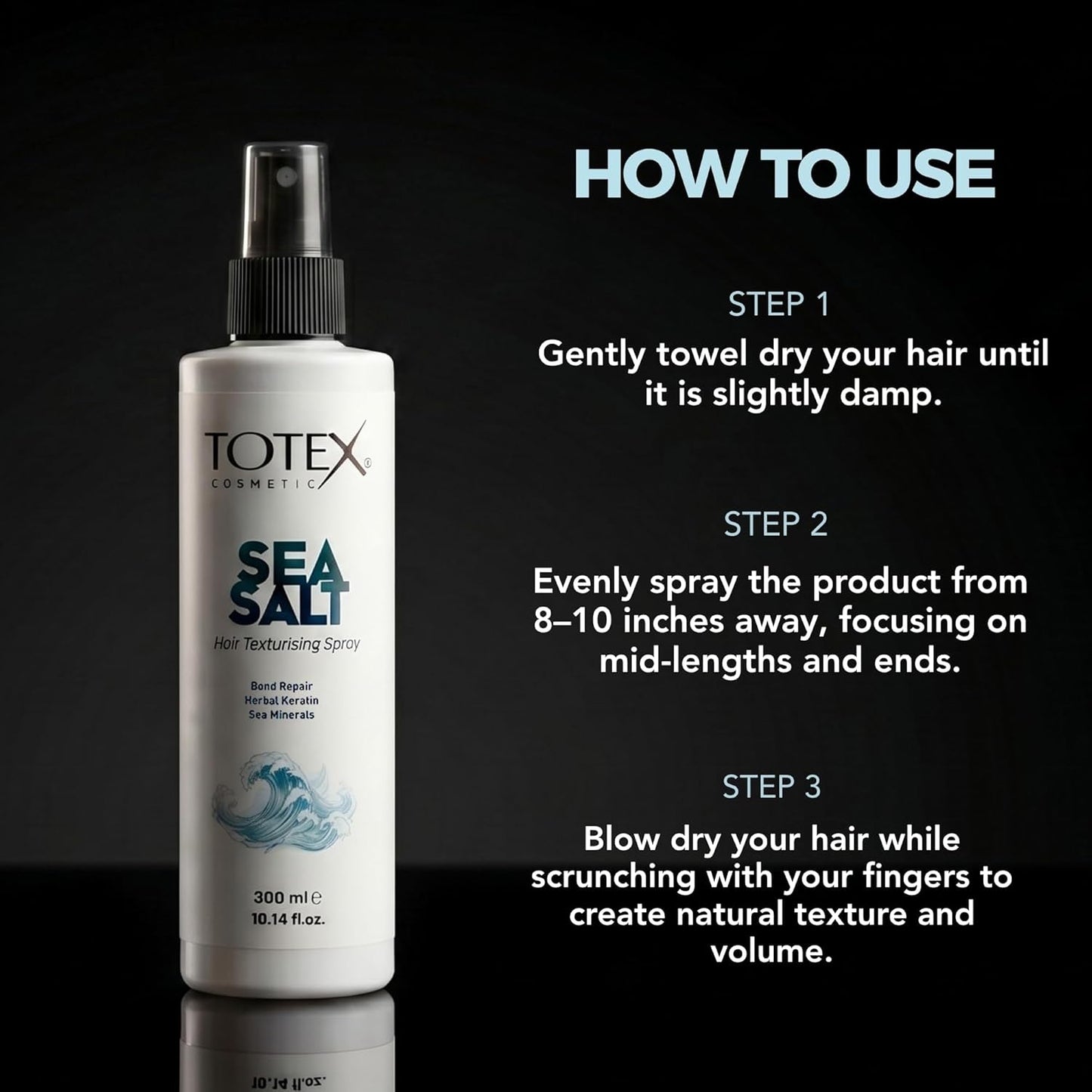Totex Sea Salt Hair Texturising Spray for Men and Women | 300 ml / 10.14 fl.oz | Herbal Keratin and Sea Minerals | Beach Waves and Volume | Flexible Hold | Non-Sticky Formula