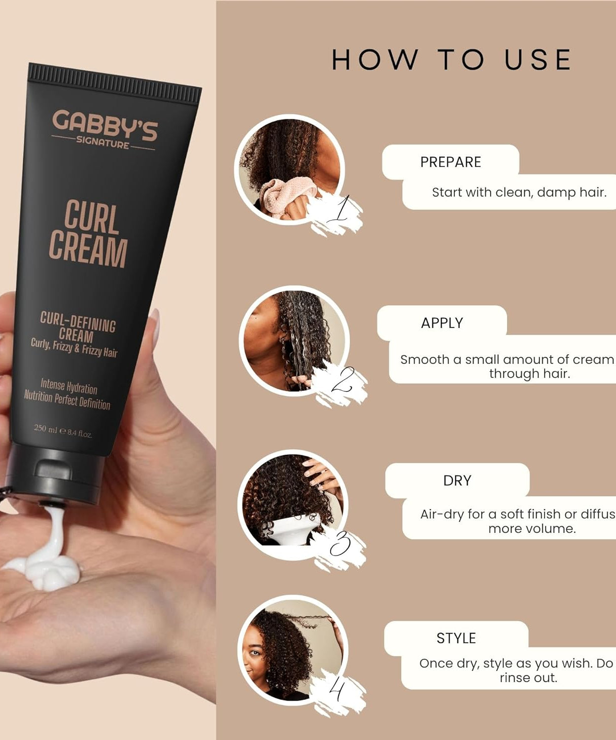 Gabby's Curl Cream 250ml, Lightweight Curl Defining Cream for Curling & Frizzy Hair, Anti-Frizz Leave-In Cream with Shea Butter & Coconut Oil, Hydrating, Nourishing Styling for Soft, Defined Curls