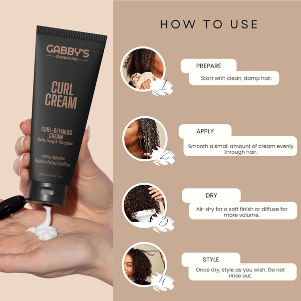 Gabby's Curl Cream 250ml, Lightweight Curl Defining Cream for Curling & Frizzy Hair, Anti-Frizz Leave-In Cream with Shea Butter & Coconut Oil, Hydrating, Nourishing Styling for Soft, Defined Curls