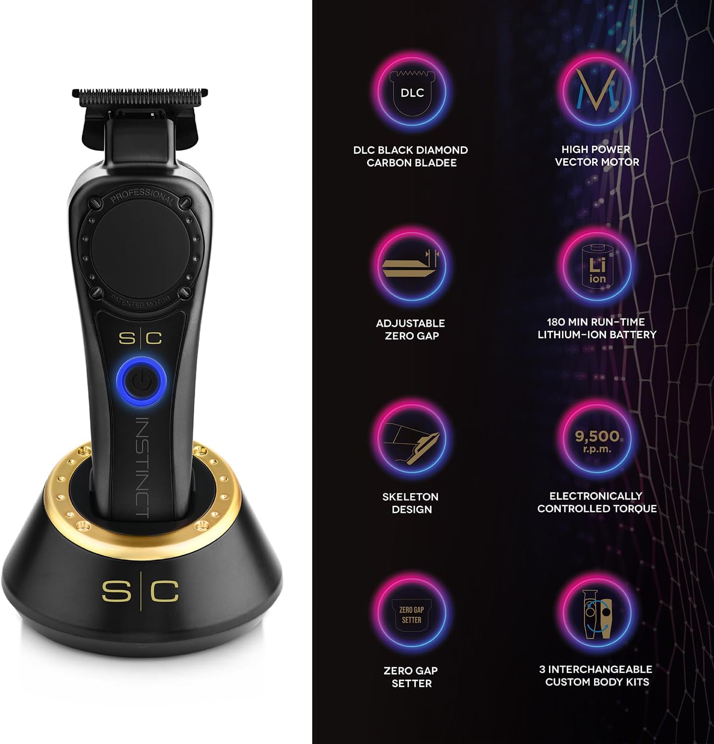 Professional Hair Trimmer for Men Stylecraft Instinct by Gamma più, Vector Motor Hair Trimmer with Intuitive Torque Control, 180 Minutes Cordless Running Time, Adjustable Blade 0 Gap, 3 Covers