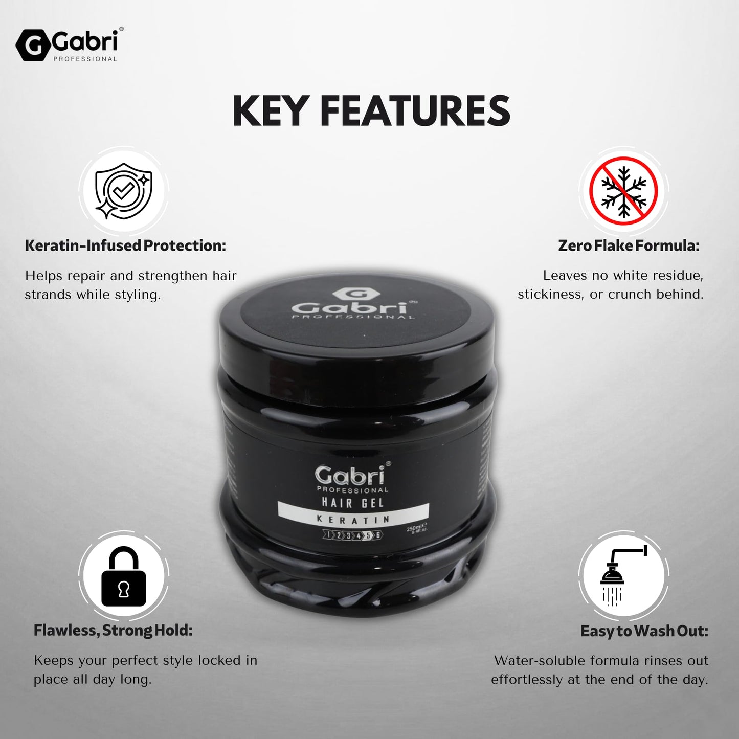 Gabri Hair Styling Gel, Firm Hold Styling Hair Gels, High Gloss, Anti-Frizz Effect, Edge Control, For All Hair Types (250 g (1 Pack), Keratin)