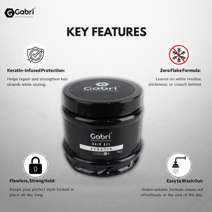 Gabri Hair Styling Gel, Firm Hold Styling Hair Gels, High Gloss, Anti-Frizz Effect, Edge Control, For All Hair Types (250 g (1 Pack), Keratin)
