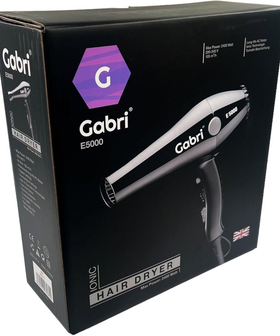 Gabri Professional Ionic Hair Dryer E5000, 2400W Power Smooth, Black, Lightweight