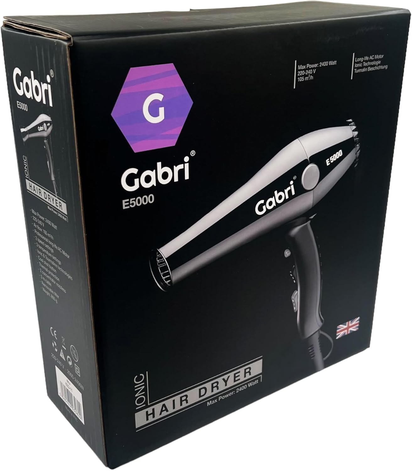 Gabri Professional Ionic Hair Dryer E5000, 2400W Power Smooth, Black, Lightweight