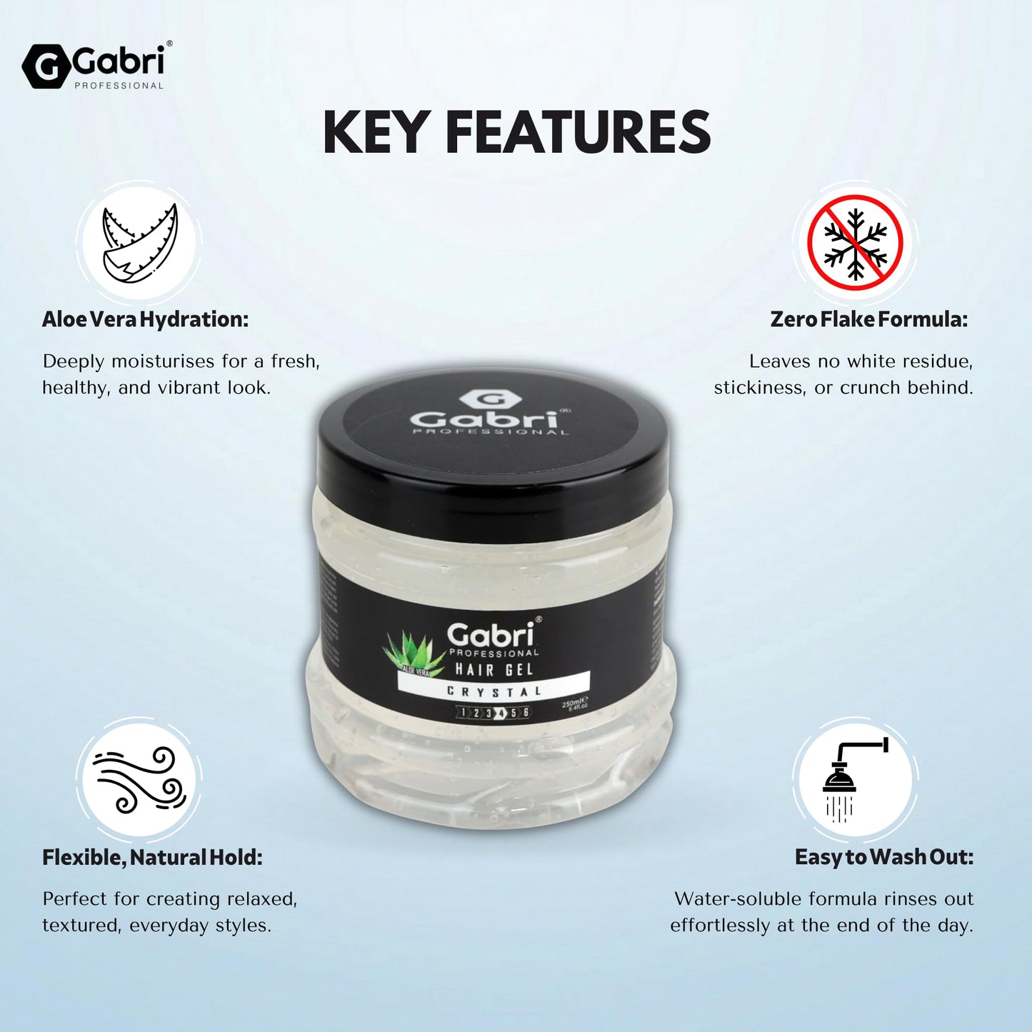 Gabri Hair Styling Gel, Firm Hold Styling Hair Gels, High Gloss, Anti-Frizz Effect, Edge Control, For All Hair Types (250 g (1 Pack), Keratin)