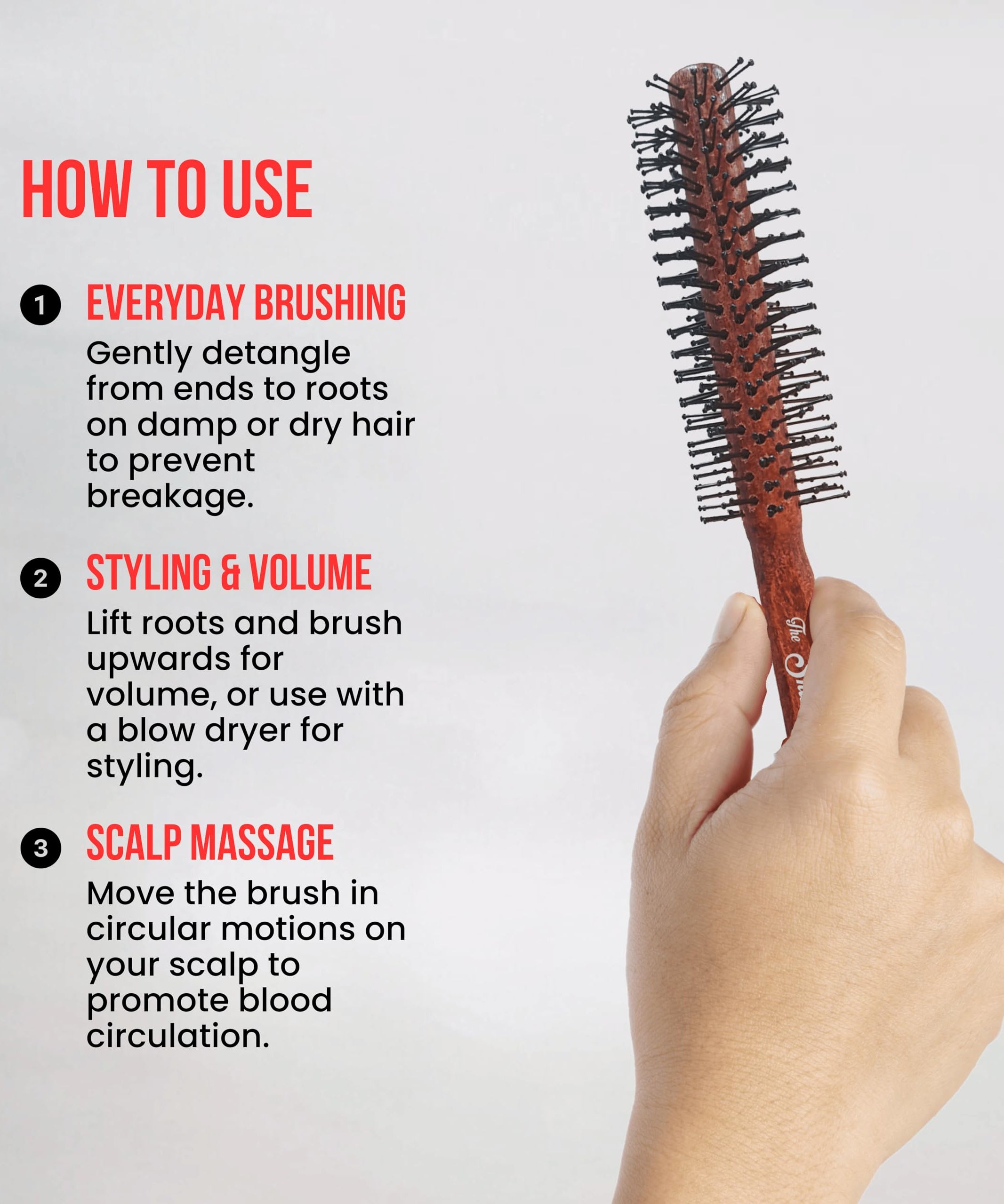 The Shave Factory Wooden Brush Series - Round static free round brush made of wood (Brown, Model-19)