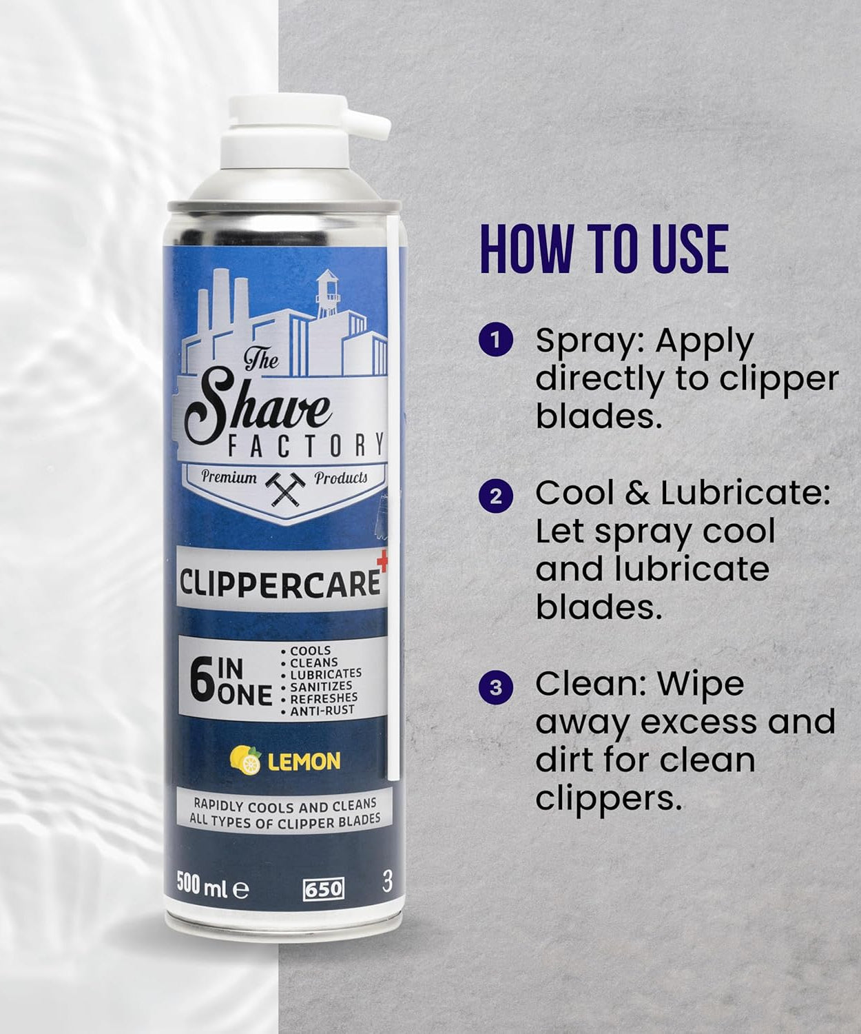 The Shave Factory ClipperCare PLUS+ 6in1 Spray LEMON - 500ML MEGA Size