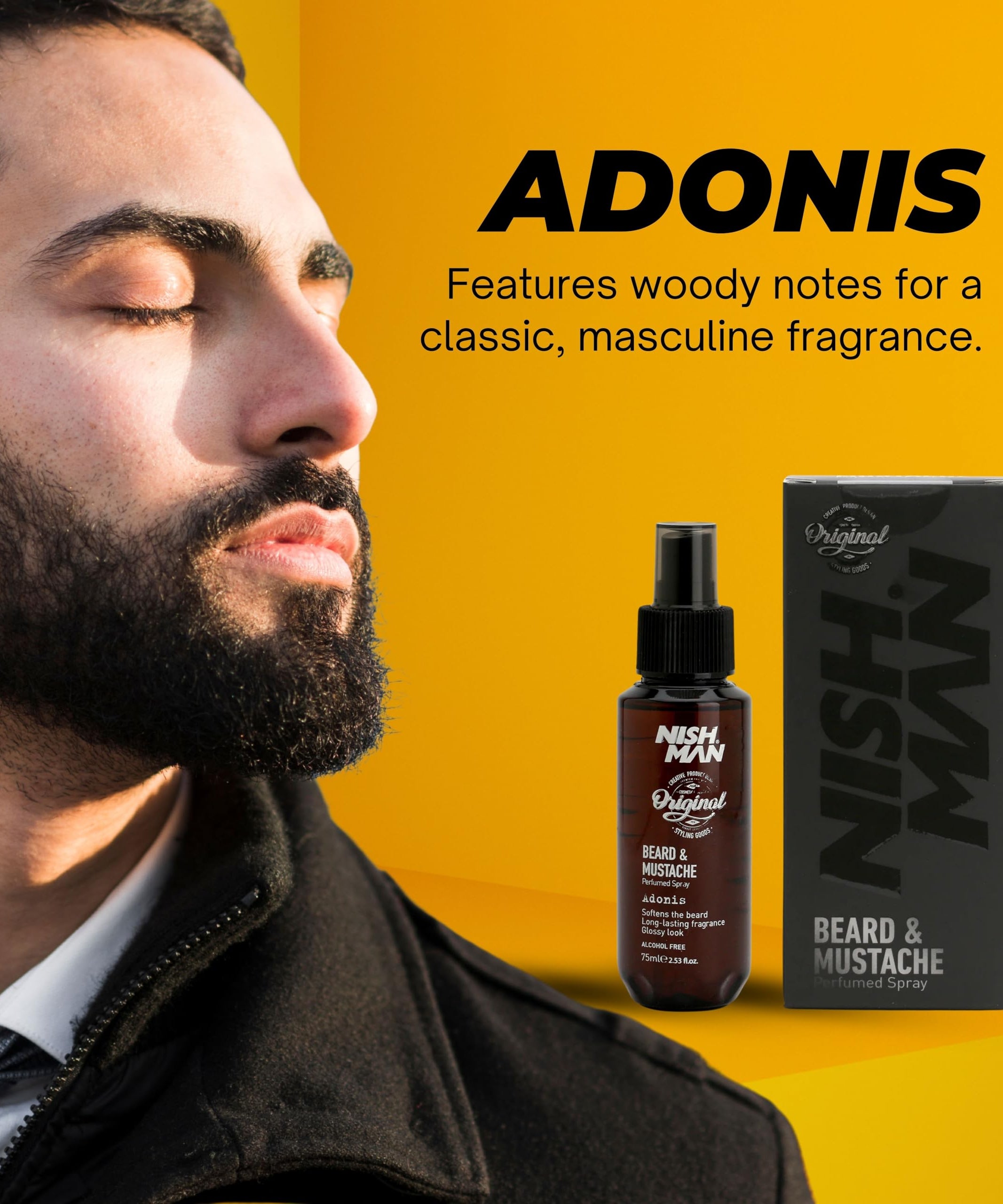 NISHMAN Beard & Moustache Perfume - Adonis 75ml - Refreshing, Long-Lasting Scent for Beard Care - Ideal Beard Perfume for Daily Beard and Mustache Grooming